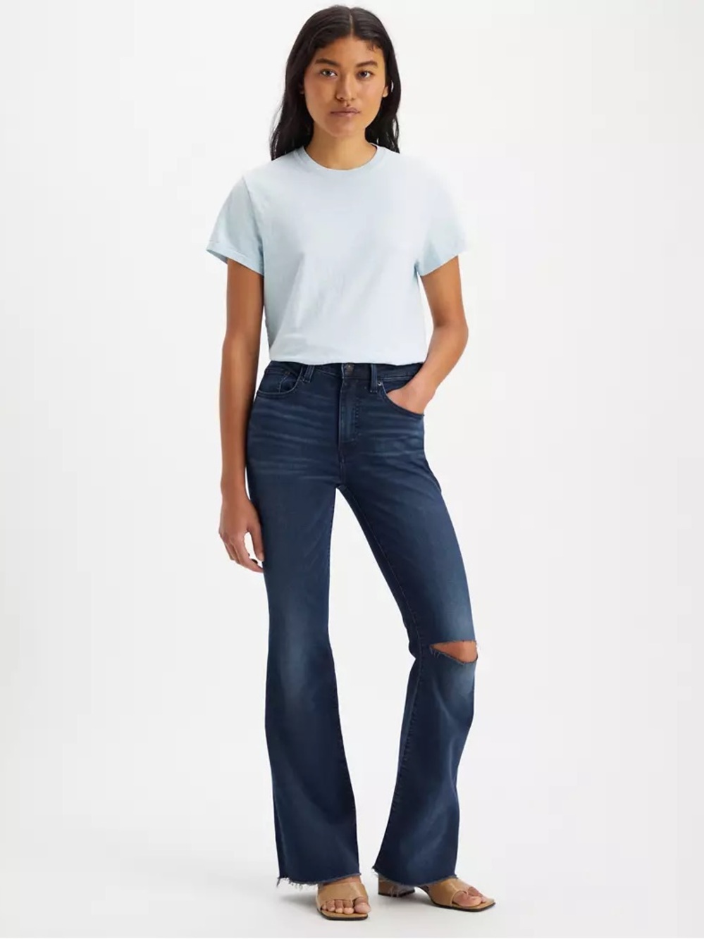 Levi's Dark Blue Flare Jeans with Knee Rip